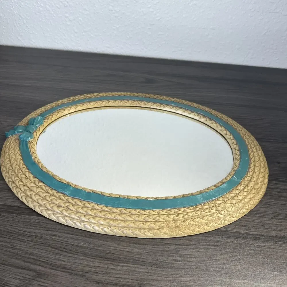 Vintage Burwood Faux Wicker Oval Mirror 2939 Teal Ribbon USA Wall Cottagecore